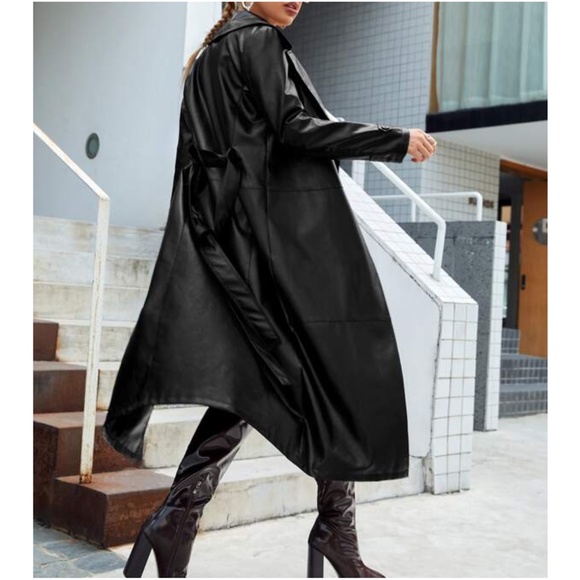 Luxe Black Vegan Leather Wide Collar Trench Coat Jacket - Picture 3 of 3